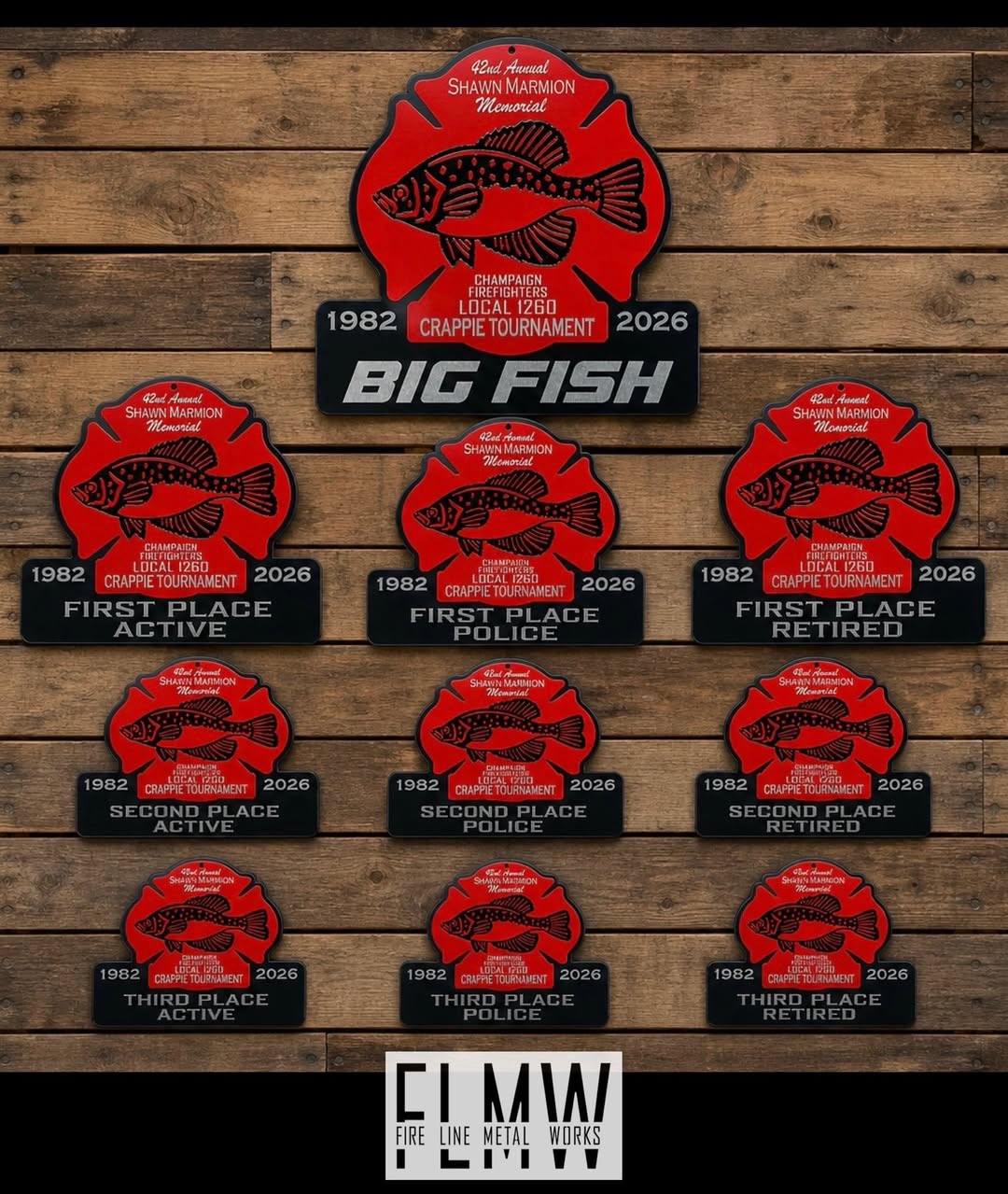Red and black 3 layer CNC plasma cut trophies for the Champaign Firefighters Local 1260 Crappie Tournament