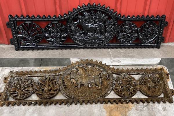 Cast iron bench back before and after restoration and black powder coat