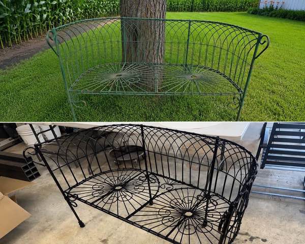 Old metal bench before in green and after restoration in black powder coat