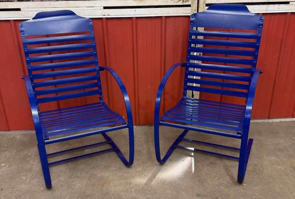 Two old metal patio chairs restored and powder coated blue