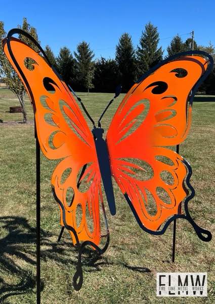 Large plasma cut butterfly yard sculpture powder coated orange and black