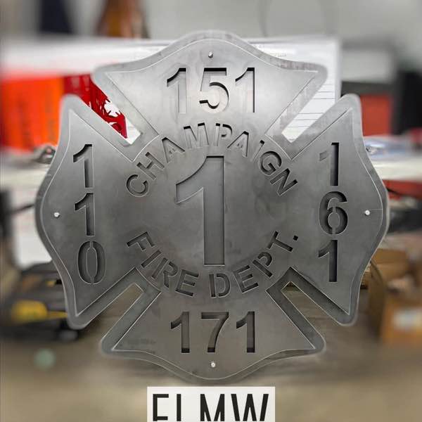 Raw steel plasma cut Champaign Fire Department Maltese cross sign