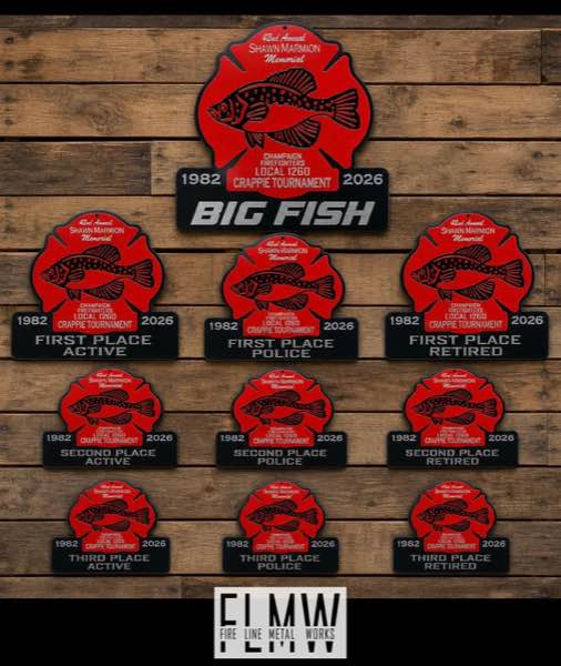 Set of red and black layered plasma cut fishing tournament trophies for Champaign Firefighters Local 1260