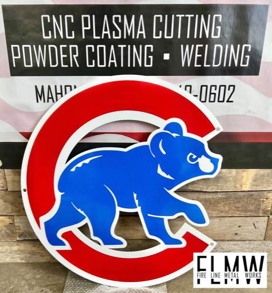 Layered plasma cut Cubs sign powder coated in red, white, and blue