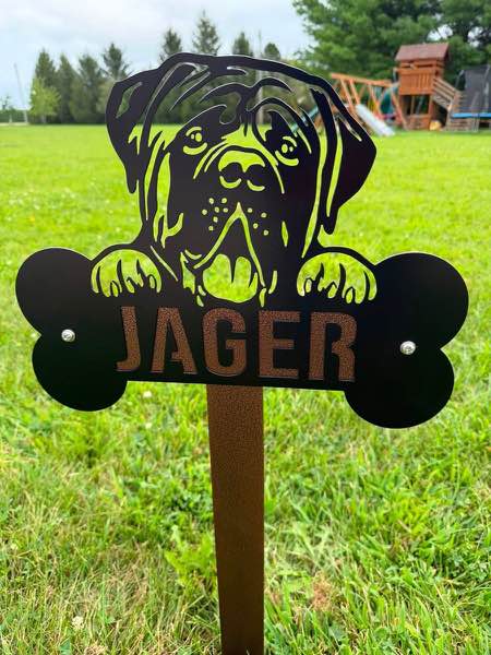 Custom plasma cut dog yard sign with name, on a stake
