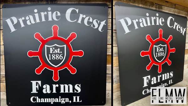 Black, white, and red plasma cut farm sign for a Champaign, Illinois farm