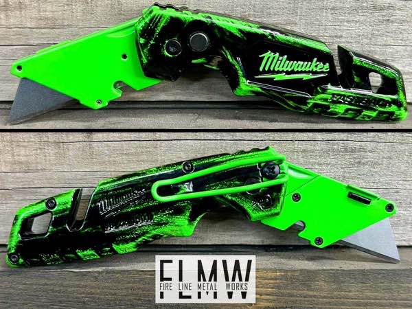 Milwaukee Fastback utility knife custom powder coated in green with a black distressed pattern