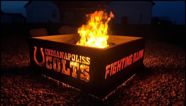 Four foot square steel fire pit with plasma cut team logos, lit at dusk