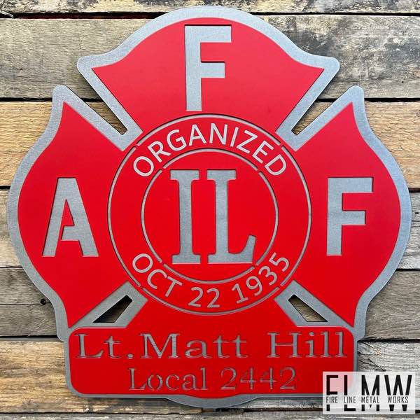 Red and silver layered plasma cut firefighter union Maltese cross sign