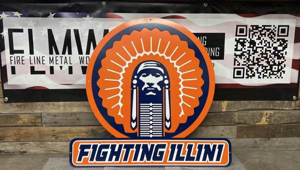 Large layered plasma cut Fighting Illini sign powder coated in orange, blue, and white