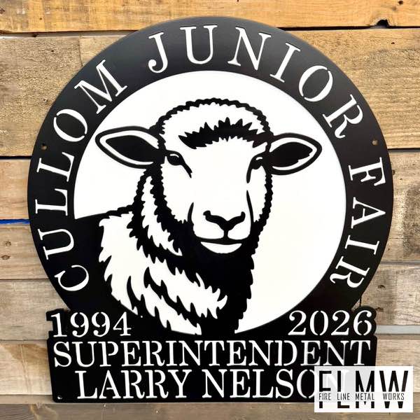 Cullom Junior Fair plasma cut sign in black and white