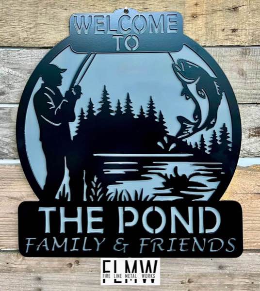2 layer plasma cut outdoor welcome sign with a fishing scene