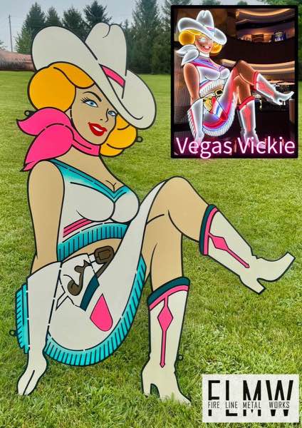 Vegas Vickie sign, CNC plasma cut from one sheet of steel and powder coated in 10 colors